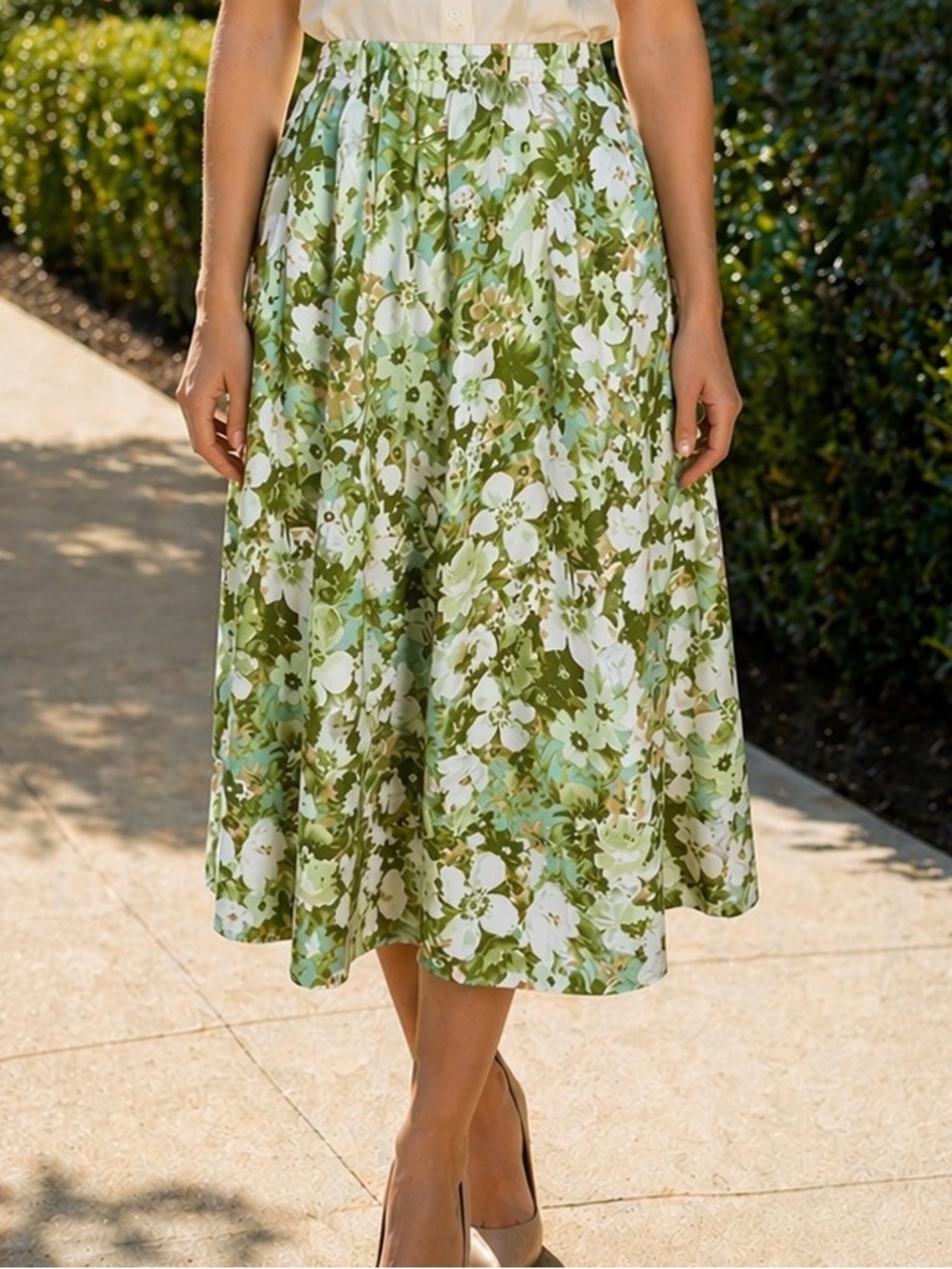 Vintage 80s Blair Green Floral Midi Skirt Green White Botanical Travel Sz L EUC